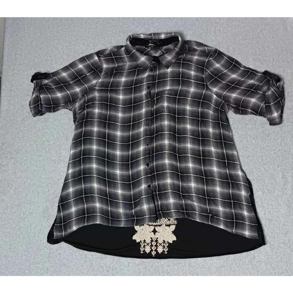 Andre By Unit Embroidered Velvet Back Button Up Blouse Womens Size 2X Gray Black